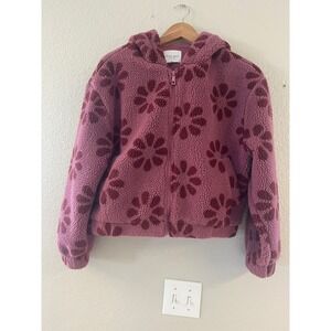 Wild Rose Los Angeles Pink Floral Sherpa Fleece Zip Up Hooded Jacket Medium